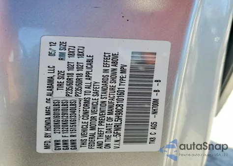 2012 Honda Odyssey Touring from USA, damaged, VIN 5FNRL5H98CB101601